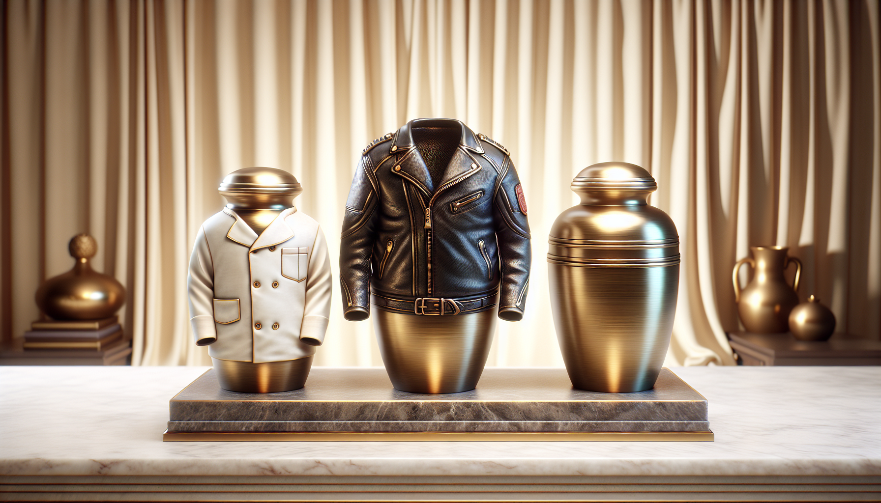 Multiple custom urn outfits - chef coat, motorcycle jacket, nurse scrubs