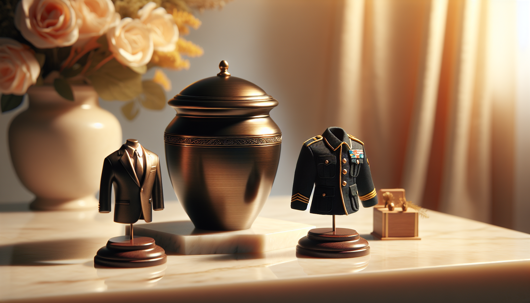 Custom urn outfits displayed on cremation urns - a miniature sports jersey and military dress coat
