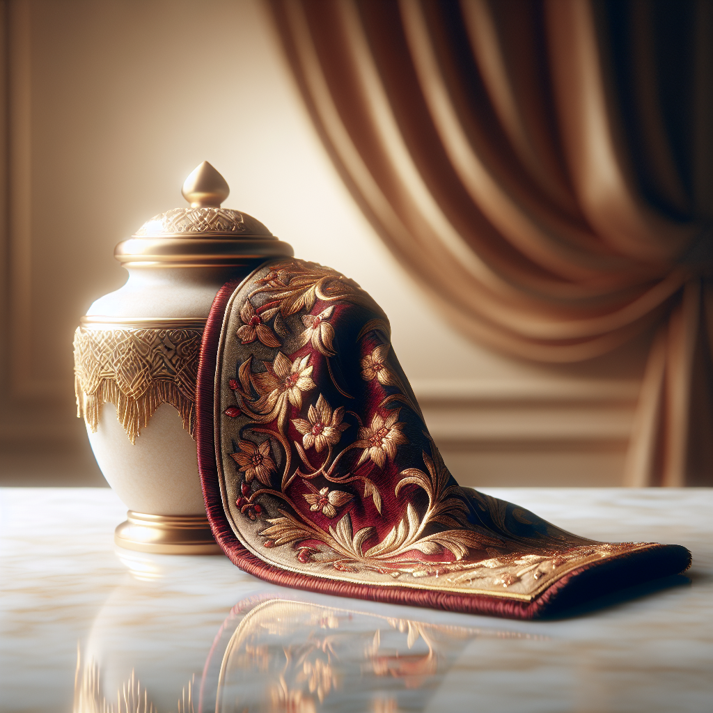 Miniature ceremonial garment on a cremation urn