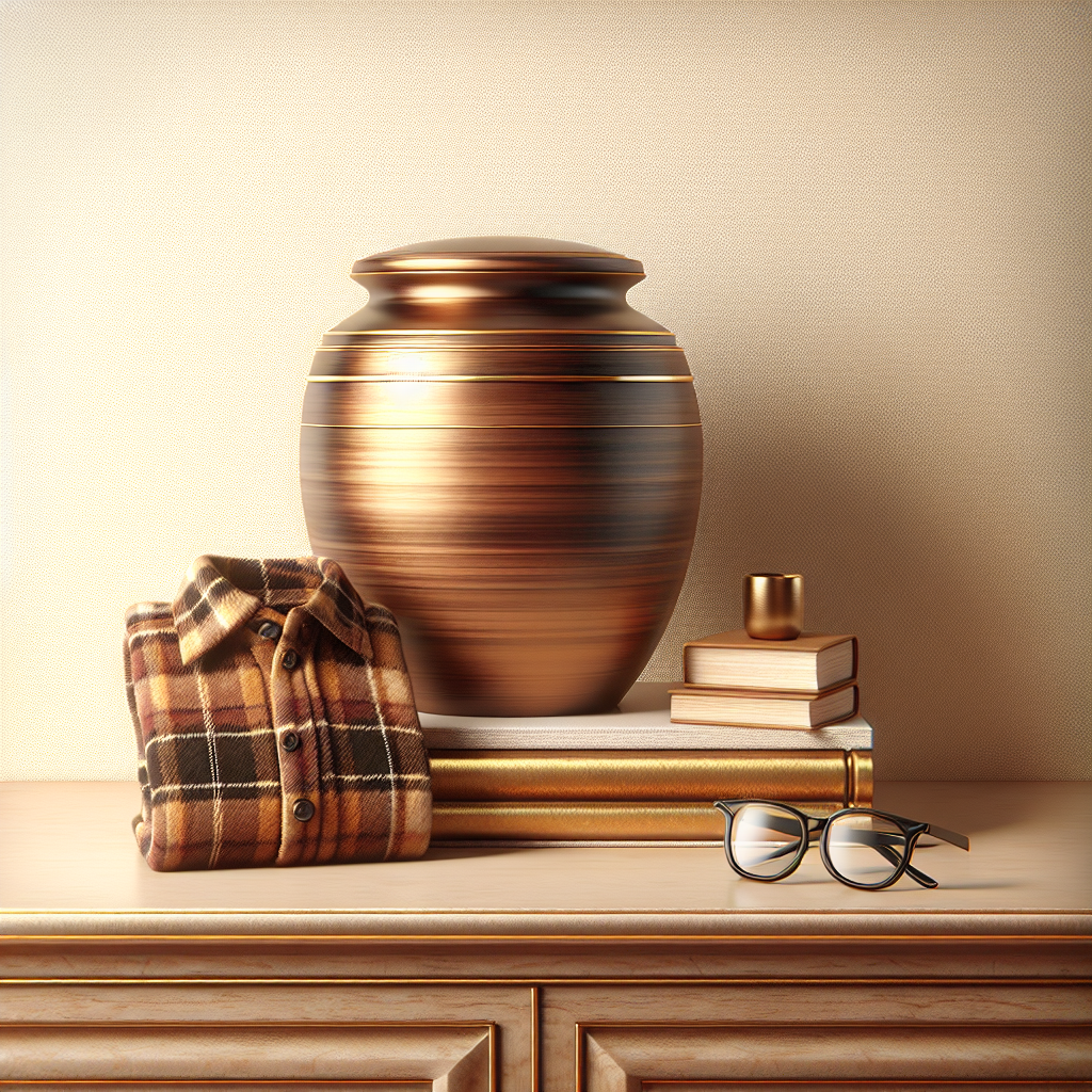 Miniature flannel shirt and personal items on a cremation urn