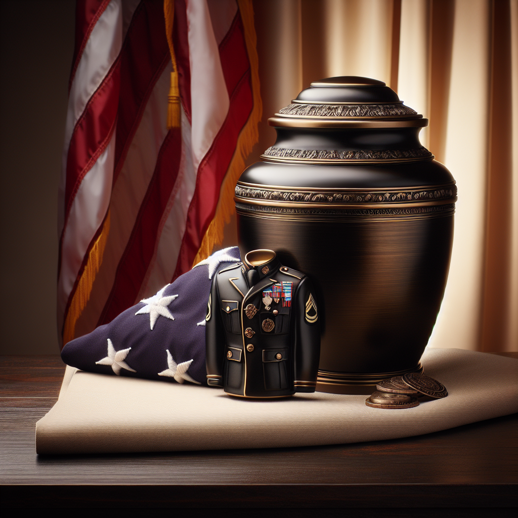 Miniature military dress uniform on a cremation urn