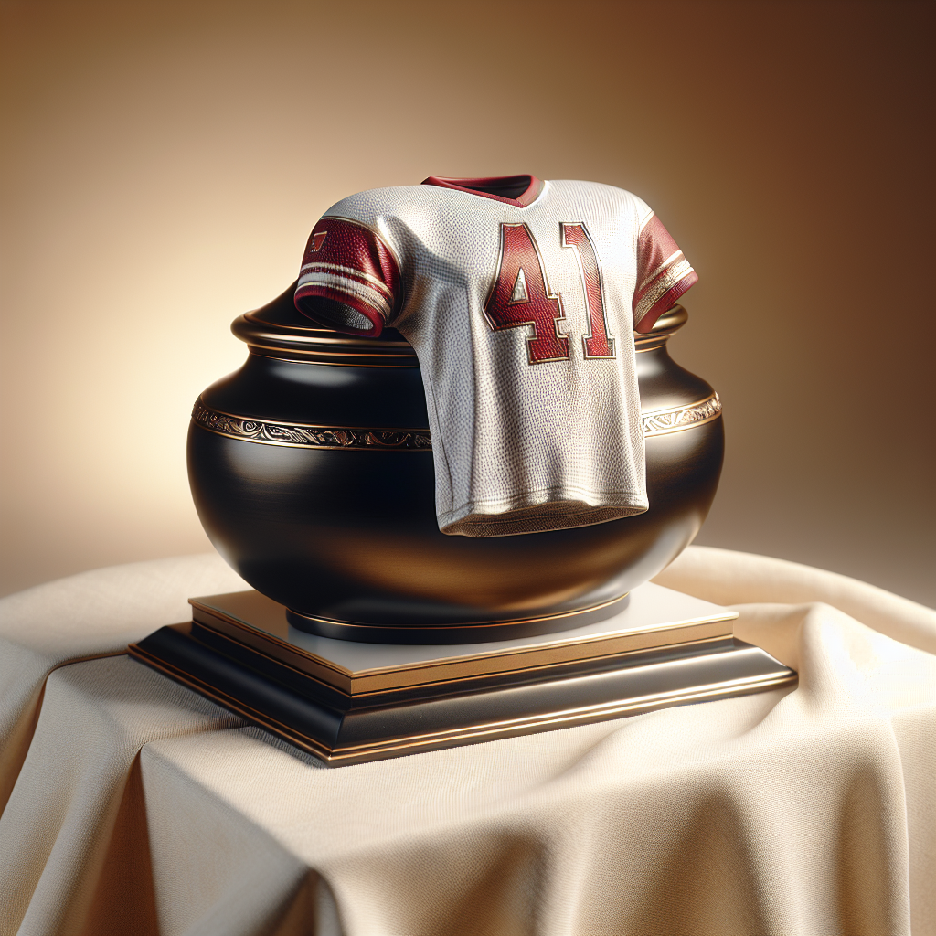 Miniature sports jersey on a cremation urn